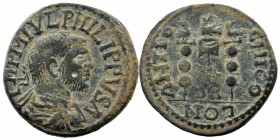 Pisidia, Antioch. Philip I. A.D. 244-249. AE
Radiate, draped, and cuirassed bust right
Rev: Vexilium surmounted by eagle between two legionary standar...