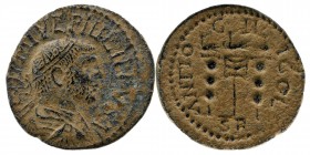 Pisidia, Antioch. Philip I. A.D. 244-249. AE
radiate, draped, and cuirassed bust right
vexilium surmounted by eagle between two legionary standards.
S...