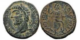 PISIDIA. Antiochia. Septimius Severus (193-211). Ae.
Laureate head left.
Rev: Mên standing left, with left foot on bucranium, holding scepter and Nike...