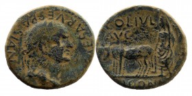 LYCAONIA. Iconium (as Claudiconium). Vespasian (69-79). Ae.
IMP CAESAR VESPASIAN AVG.
Laureate head right.
Rev: COL IVL AVG / ICONI.
Priest plowing le...