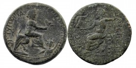 CILICIA. Tarsus. Pseudo-autonomous issue. AE time of Hadrian or later century.
Obv: Zeus seated left, holding Nike in his right hand and long scepter ...