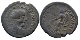 GALATIA. Ancyra. Valerian I (253-260). Ae.
Radiate, draped and cuirassed bust right
Rev: Tyche seated left, holding rudder and cornucopia.
SNG BN 2535...