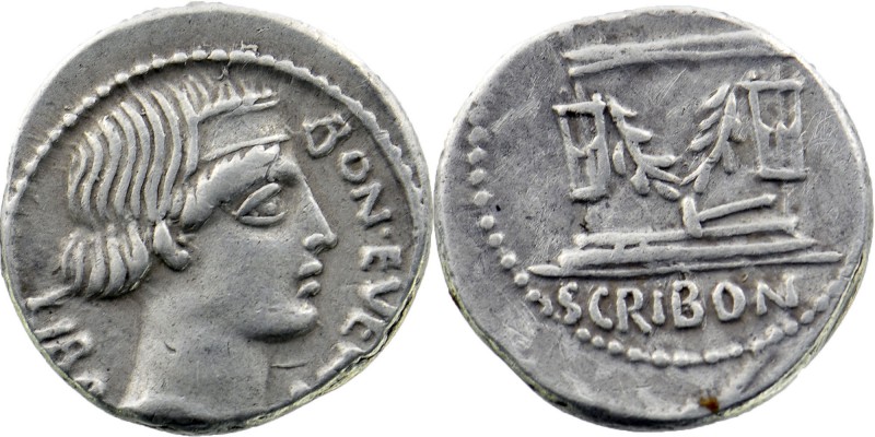 L. Scribonius Libo AR Denarius. Rome, 62 BC.
Obv: Head of Bonus Eventus right; ...