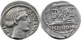 L. Scribonius Libo AR Denarius. Rome, 62 BC.
Obv: Head of Bonus Eventus right; BONEVENT downwards to right, LIBO downwards to left
Rev: Puteal Scrib...