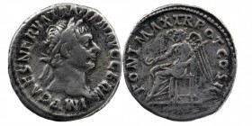 TRAJAN (98-117). Denarius. Rome.
Obv: IMP CAES NERVA TRAIAN AVG GERM.
Laureate head right.
Rev: PONT MAX TR POT COS II.
Victory seated left, holding p...