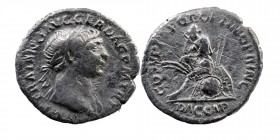 Trajan, AD 98-117. Denarius Rome, AD 108. 
Laureate head of Trajan facing r. 
Rev: Dacian, wearing peaked cap, seated l. on pile of arms, mourning; ab...