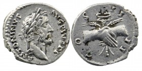 Antoninus Pius AR Denarius. Rome, AD 145-147.
Laureate head right 
Rev: COS IIII, clasped right hands holding caduceus and two grain ears between them...