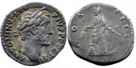 Antoninus Pius AR Denarius. Rome, AD 145-161. 
Obv: ANTONINVS AVG PIVS P P, laureate head right / COS IIII,
Rev: Annona standing facing, head left, ho...