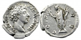 Marcus Aurelius, as Caesar, AR Denarius. Rome, AD 145-147. 
Obv: AVRELIVS CAESAR AVG PII F, bare head right.
Rev: COS II, Spes advancing left, holding...