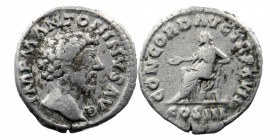 MARCUS AURELIUS, 161-180 AD. AR Denarius
Laureate head.
Rev: Concordia seated holding patera, cornucopiae below. 
RIC.37.
3,10 gr. 18 mm