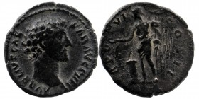 Marcus Aurelius (Caesar, 139-161). AR Denarius 
Bare-headed and draped bust right
Rev: Genius Exercitus standing left, holding aquila and sacrificing ...