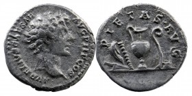 Marcus Aurelius, as Caesar, AR Denarius. Rome, AD 140-144.
AVRELIVS CAESAR AVG PII F COS, bare head right 
PIETAS AVG, knife, sprinkler, ewer, lituus ...