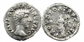 Lucius Verus AD 161-169. Rome
Denarius AR
IMP L AVREL VERVS AVG, bare head right 
Rev: PROV DEOR TR P II COS II, Providentia standing left, holding gl...