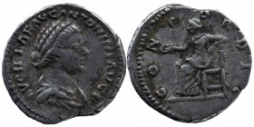 Lucilla AD 164-169. Rome Denarius AR
Obv: LVCILLA AVG ANTONINI AVG F, draped bust of Lucilla right.
Rev: CONCORDIA, Concordia seated left, holding pat...