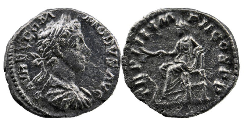 COMMODUS (177-192). Denarius. Rome.
Laureate head right
Rev: Salus seated left, ...