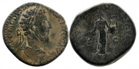Commodus. A.D. 177-192. AE sestertius
Rome mint, struck A.D. 190
laureate head right
Apollo standing right. holding plectrum and lyre surmounted on co...
