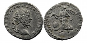 Septimius Severus, 193-211. Rome, circa AD 198-202 AR Denarius
Laureate head right 
Rev: Victory flying left, holding wreath with long extension with ...