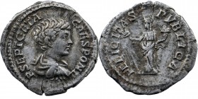 Geta, as Caesar, AR Denarius. Rome, AD 200-202.
Obv: P SEPT GETA CAES PONT, bare-headed and draped bust right.
Rev: FELICITAS PVBLICA, Felicitas stand...