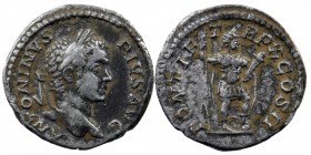Caracalla AR Denarius. Rome, AD 210.
laureate head right
Rev: Virtus helmeted, standing right, left foot on helmet, holding spear and parazonium. 
RIC...