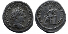 Caracalla (198-217 AD). AR Denarius Rome
Obv. ANTONINVS PIVS AVG GERM, Laureate head right.
Rev. P M TR P XVII COS IIII P P, Apollo, bare to waist, se...