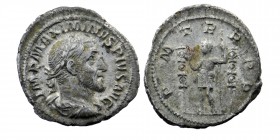 Maximinus I Thrax AD 235-238. Rome. Denarius AR
Laureate, draped and cuirassed bust right
Rev: Maximinus standing left between two signa, raising hand...
