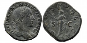 SEVERUS ALEXANDER, (A.D.222-235), AE sestertius
laureate head to right
Rev: Spes standing to left, holding flower and lifting skirt
S.8019, RIC 648, C...