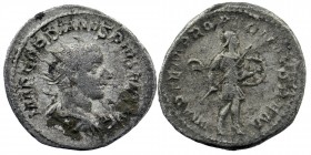 Gordian III AR Antoninianus. Rome, AD 243-244
Radiate, draped and cuirassed bust right.
Obv: Mars walking to right, holding shield and spear. 
RIC 145...