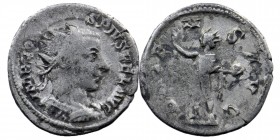 Gordian III AR Antoninianus. Rome, AD 241-243
Radiate, draped and cuirassed bust right 
Rev: Sol, radiate, standing left, holding globe and raising ri...