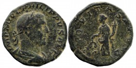 Philip I (244-249), AE Sestertius, Rome, c. AD 244-249.
IMP M IVL PHILIPPVS AVG.
AEQVITAS AVGG / S - C. Laureate, draped and cuirassed bust right, see...