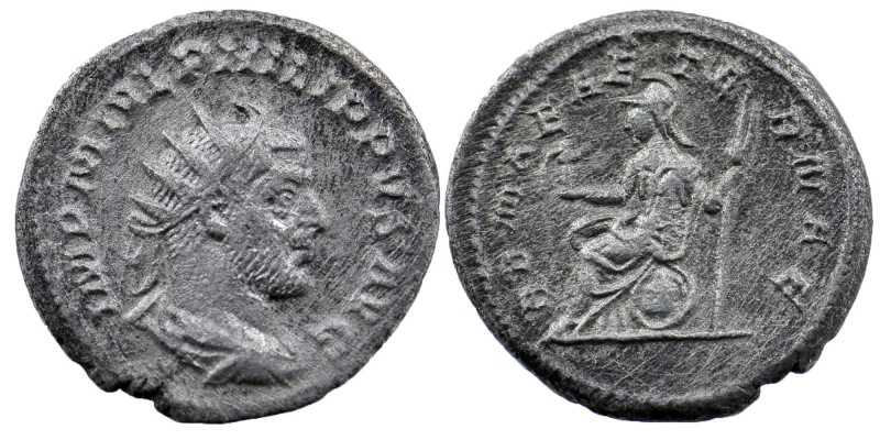 PHILIP I, 244-249 AD. AR Antoninianus 244-47 AD.
Radiate bust / Roma seated with...