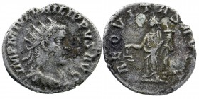Philip II AR Antoninianus. Antioch, AD 249.
Radiate, draped and cuirassed bust right, seen from behind.
Aequitas standing left with scales and cornuco...