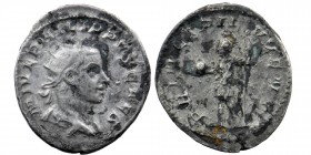 Philippus I. Arabs (244-249 AD) for Philippus II. Caesar . AR Antoninianus 
Radiate, draped and cuirassed bust right, seen from behind
Rev: Philip as ...