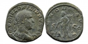 Philip I (244-249), Sestertius, Rome, AD 244-249
Laureate, draped and cuirassed bust right
Rev: Annona standing left holding cornucopiae and corn ears...