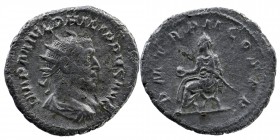 Philip I (244-249). AR Antoninianus
Radiate, draped and cuirassed bust right.
Rev: Philip holding globe and sceptre. 
RIC IV 2b; RSC 120
4,65 gr. 24 m...