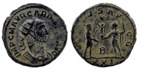 Carinus. A.D. 283-285. AE antoninianus
Tripolis mint.
Obc: Radiate and cuirassed bust of Carinus right. 
Carinus standing right resting on scepter and...
