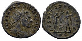 Aurelian AD 270-275. Cyzicus Antoninianus AE silvered
Radiate and cuirassed bust right.
Rev: Aurelian standing l., holding scepter, receiving wreath f...