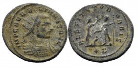AURELIAN, 270-275 AD. Silvered AE Antoninianus. Serdica
radiate and cuirassed bust right.
Rev: female standing left, presenting wreath to Aurelian sta...