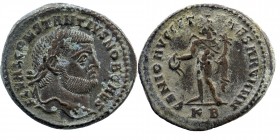 Constantius I. As Caesar, A.D. 293-305. AE follis
Cyzicus mint
laureate head right
Rev: Genius standing, head left, pouring libation from patera and h...