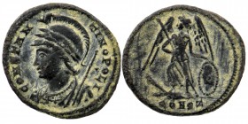 Constantine I (306-337 AD). AE Nummus. 
Treveri, 332/333. Commemorative Issue.
Obv. CONSTANTINOPOLIS, Laureate and helmeted bust of Constantinopolis t...