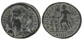 CONSTANTIUS II. 337-361 AD. AE
Antioch mint. Struck 348-350 AD.
Obv: Pearl-diademed, draped, and cuirassed bust left, holding globe
Rev: Emperor stand...