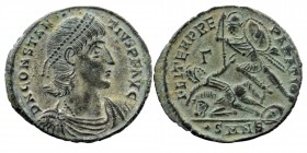 CONSTANTIUS II (337-361). Ae. Kyzikos
Obv: Diademed, draped and cuirassed bust right.
Rev: Helmeted soldier with shield to left; spearing falling hors...