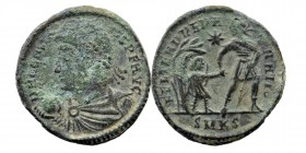 Constans Nummus. Cyzicus, AD 347-348 AE
Diademed, draped and cuirassed bust left; holding globe 
Rev: Helmeted soldier holding spear, advancing right ...