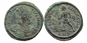 Constantius II, 337-361. Maiorina. Antioch. AE
Pearl-diademed, draped and cuirassed bust of Constantius to left, holding globe with his right hand. 
R...