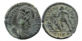 CONSTANTIUS II (337-361). Ae. Cyzicus.
Diademed, draped and cuirassed bust left, holding globus.
Rev: Constantius standing left, holding labarum and r...