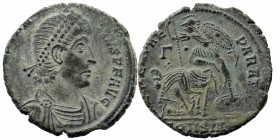 CONSTANTIUS II (337-361). Ae. Constantinople.
Diademed, draped and cuirassed bust right.
Rev: Helmeted soldier with shield to left; spearing falling h...