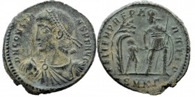 Constans (347-350 AD) Ae. Cyzicus
Diademed, draped and cuirassed bust left, holding globus.
Rev: Constans in military garb standing facing, head left,...