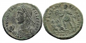 CONSTANTIUS II (337-361). Ae. Cyzicus.
Diademed, draped and cuirassed bust left, holding globus
Rev: Constantius standing left, holding labarum and re...