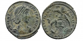 CONSTANTIUS II (337-361). Ae. Constantinople.
Diademed, draped and cuirassed bust right.
Rev: Helmeted soldier with shield to left; spearing falling h...