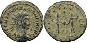 Numerian. A.D. 283-284. AE antoninianus
Antioch mint,
Obv: Radiate, draped and cuirassed bust right/
Rev: Carus standing right, holding scepter and pr...