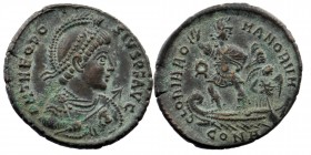 THEODOSIUS I (379-395). AE Constantinople mint
Obv: D N THEODO-SIVS P F AVG, helmeted and cuirassed bust of Theodosius Sr. right holding spear and shi...